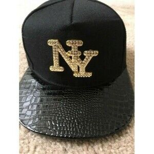 New York NY Men's Cap Hat Adjustable Snap Back Black w Gold Tone